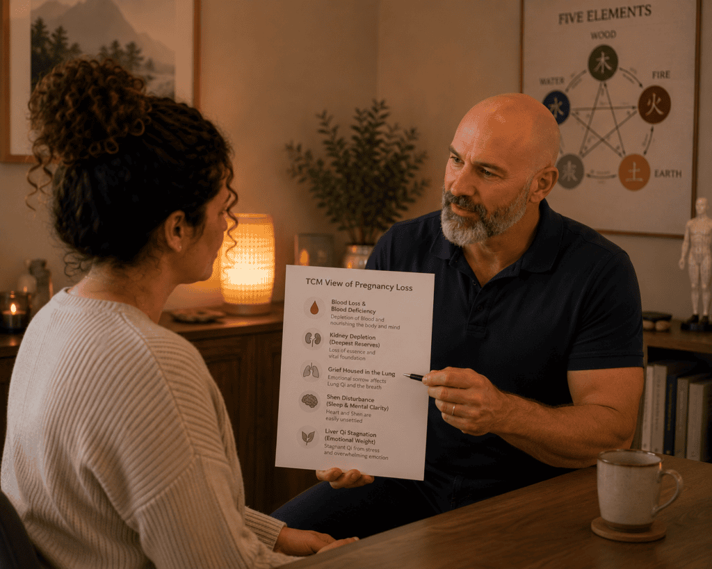 Licensed acupuncturist in warm consultation with a woman discussing the Chinese medicine framework for recovery after pregnancy loss.
