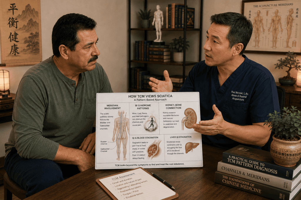 Licensed acupuncturist in warm consultation with a patient discussing the Chinese medicine framework for sciatica including meridian involvement.