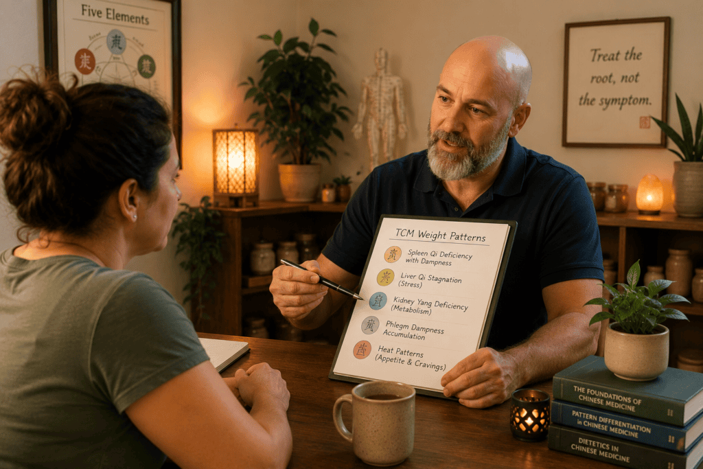 Licensed acupuncturist in warm consultation with a patient discussing the Chinese medicine framework for weight patterns and pattern differentiation.