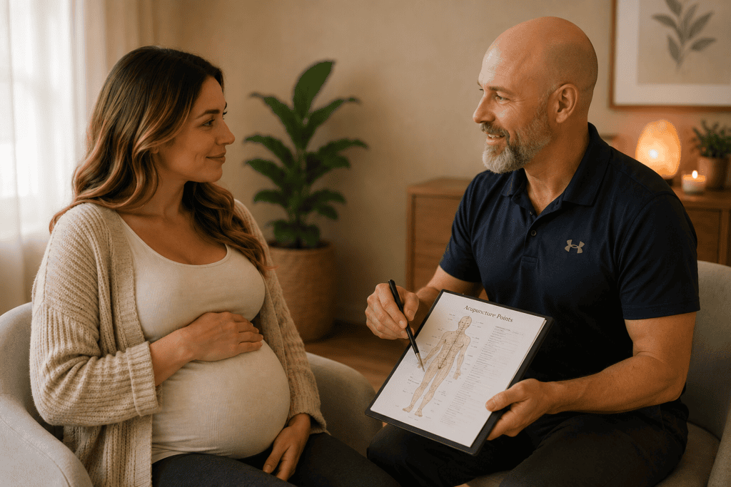 Licensed acupuncturist in warm consultation with a pregnant patient discussing safe acupuncture care and appropriate point selection during pregnancy.