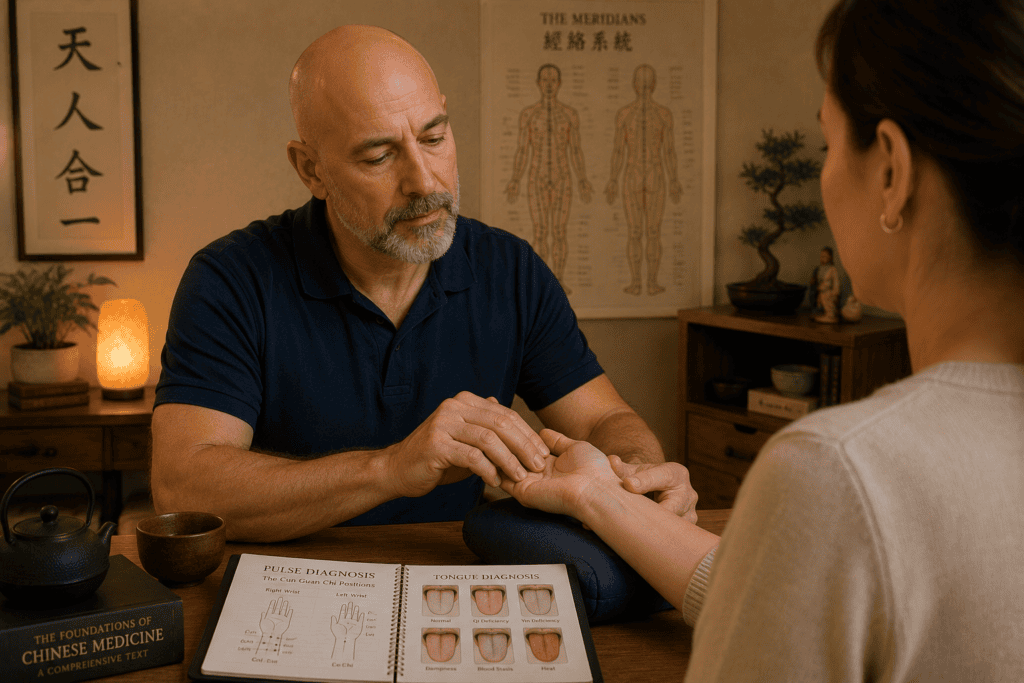 Licensed acupuncturist gently taking a patient's radial pulse during Chinese medicine diagnostic intake, communicating the pattern-based approach of Eastern medicine.