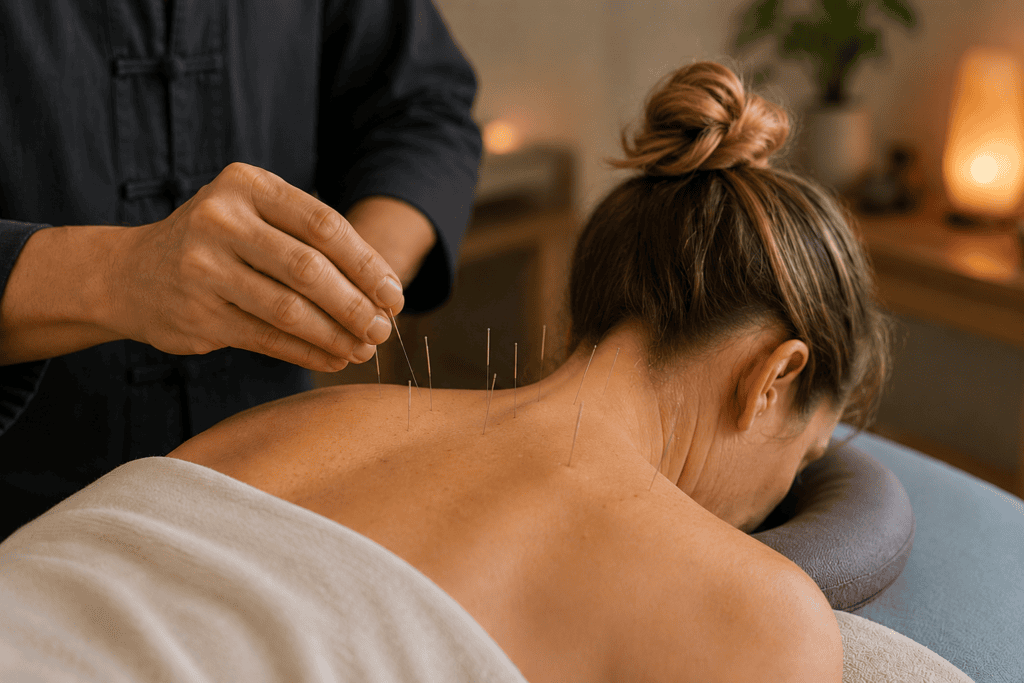 Close-up of an acupuncturist's hands gently placing fine acupuncture needles in the upper trapezius and neck region of a patient lying face down on a treatment table.