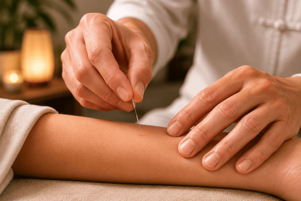 Close-up of an acupuncturist's hands gently placing a fine acupuncture needle on a patient's forearm with the precise pinch grip of the technique.