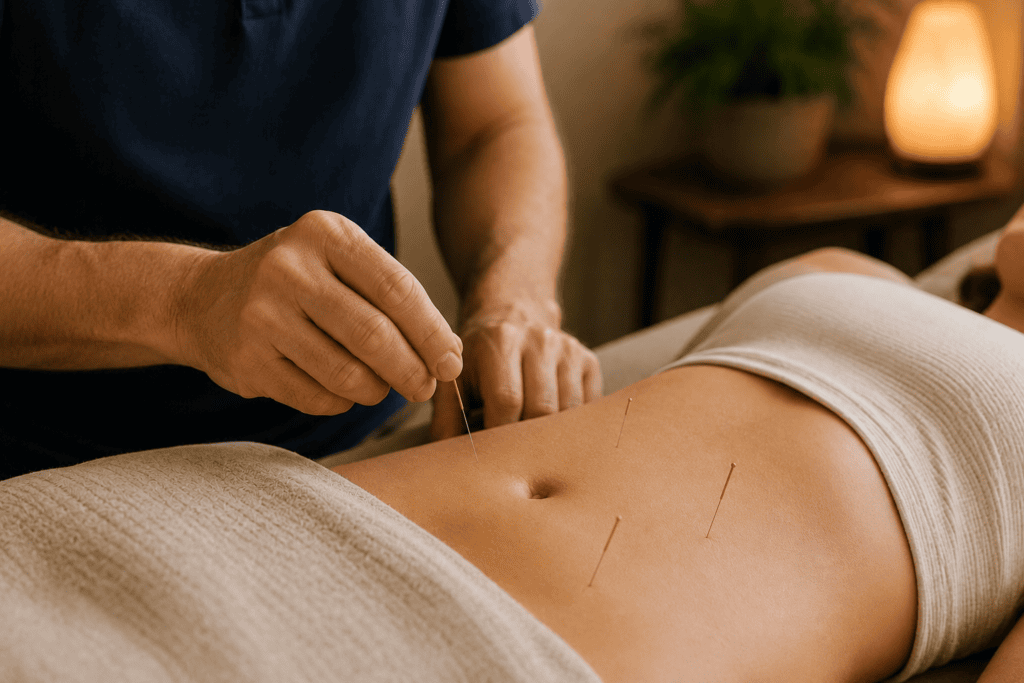 Close-up of an acupuncturist's hands gently placing a fine acupuncture needle on a patient's upper abdomen during a treatment focused on digestive support.