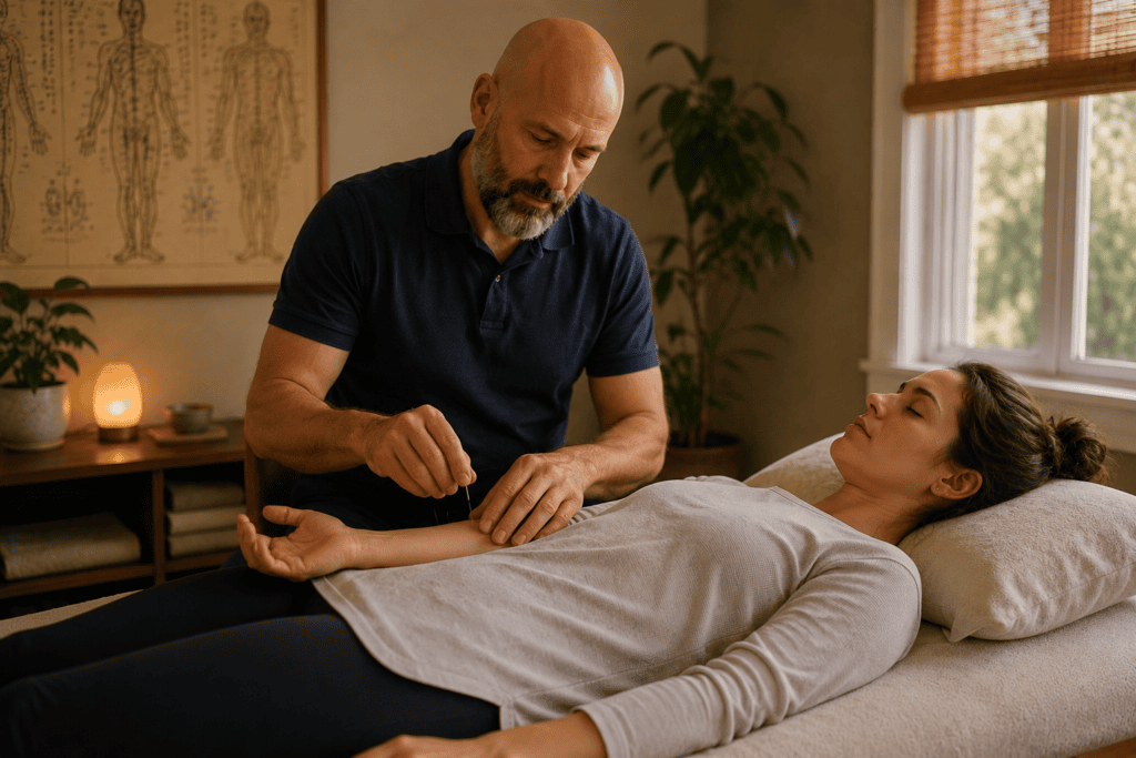 Close-up of an acupuncturist's hands gently placing a fine acupuncture needle on a patient's wrist during a treatment session focused on autonomic regulation.