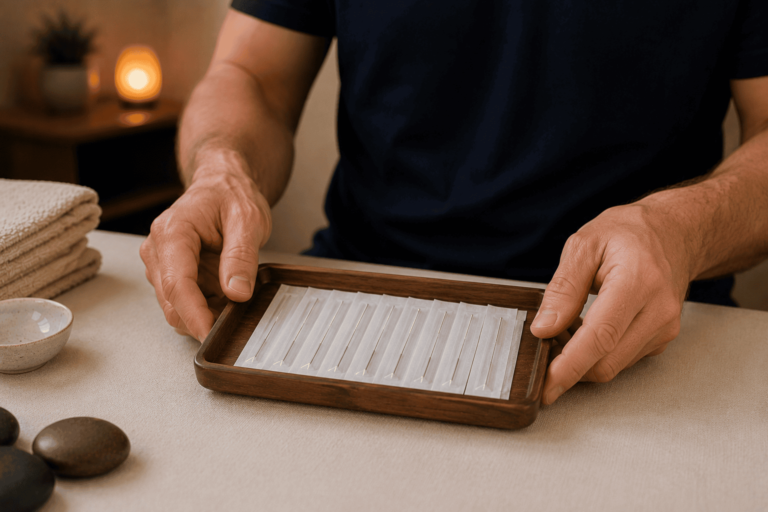 Close-up of a licensed acupuncturist's hands arranging a small tray of fine acupuncture needles on a clean treatment table before a session.