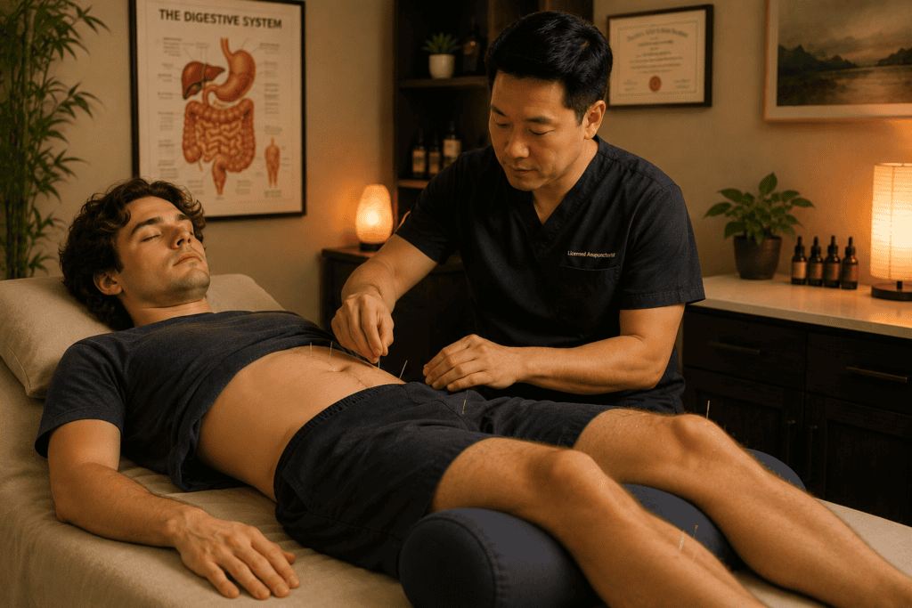 Licensed acupuncturist gently placing fine acupuncture needles on a patient's abdomen and legs during a treatment session focused on Crohn's disease management.