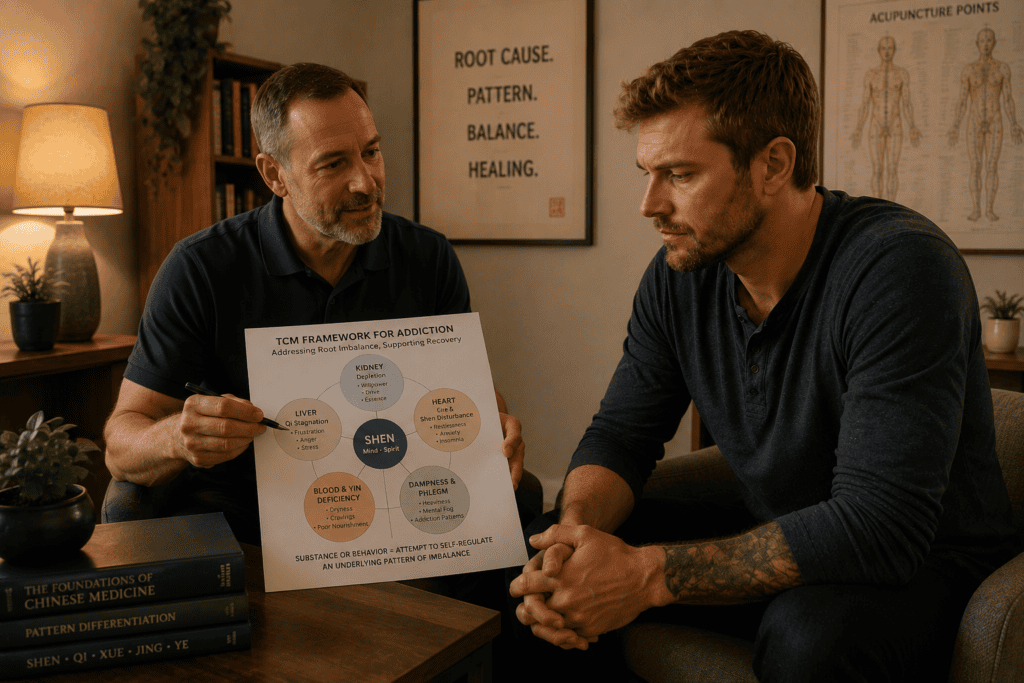 Licensed acupuncturist reviewing traditional Chinese medicine framework and pattern differentiation for a patient in recovery.