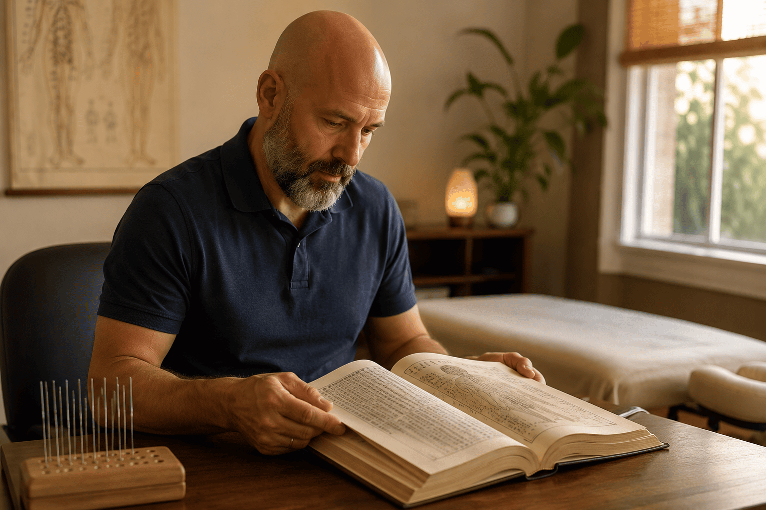 Licensed acupuncturist reading an open classical Chinese medicine reference book with focused attention, with a stand of acupuncture needles on a nearby surface.