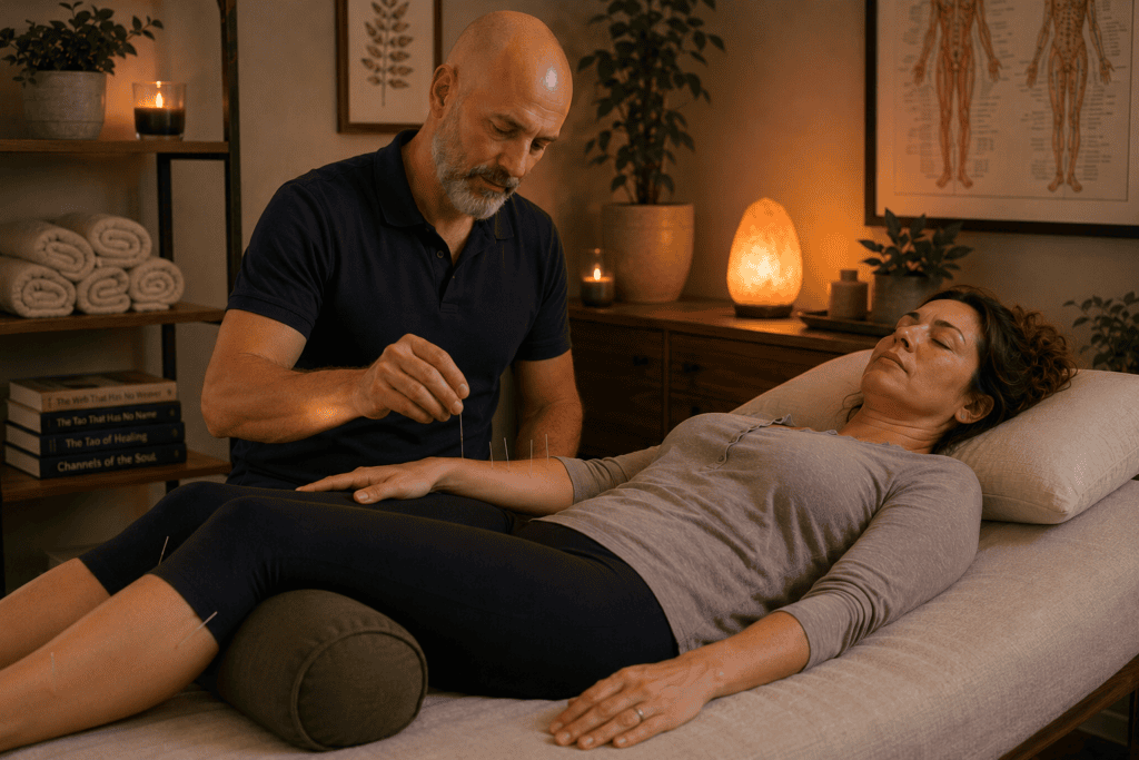 Licensed acupuncturist gently placing fine acupuncture needles on a patient reclining on a treatment table during a session focused on autonomic regulation.
