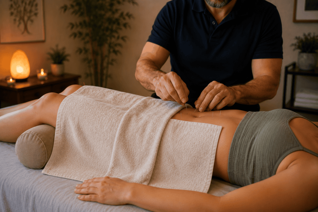 Close-up of an acupuncturist's hands gently placing fine acupuncture needles on a patient's lower abdomen during a fertility-focused treatment session.