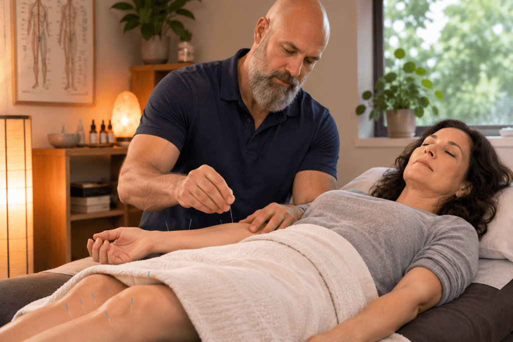 Licensed acupuncturist gently placing fine acupuncture needles on a patient reclining on a treatment table during a session for fibromyalgia.