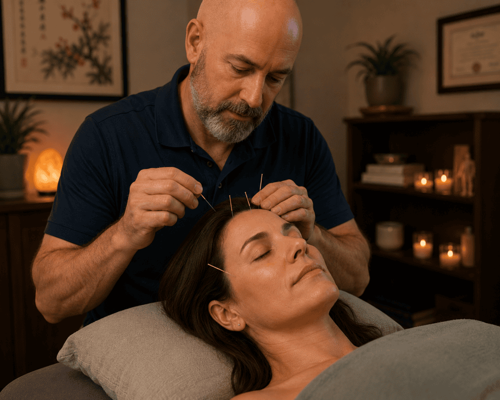 Licensed acupuncturist gently placing fine acupuncture needles around a patient's head, temple, and neck during a treatment session for migraines.