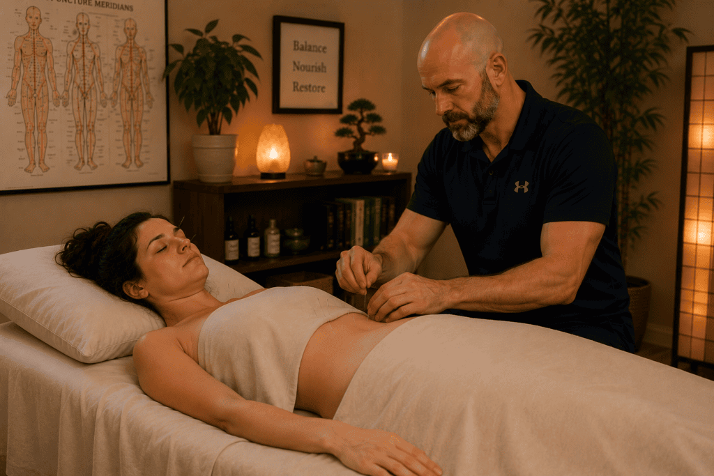 Licensed acupuncturist gently placing fine acupuncture needles on a new mother during a treatment session focused on supporting postpartum recovery.