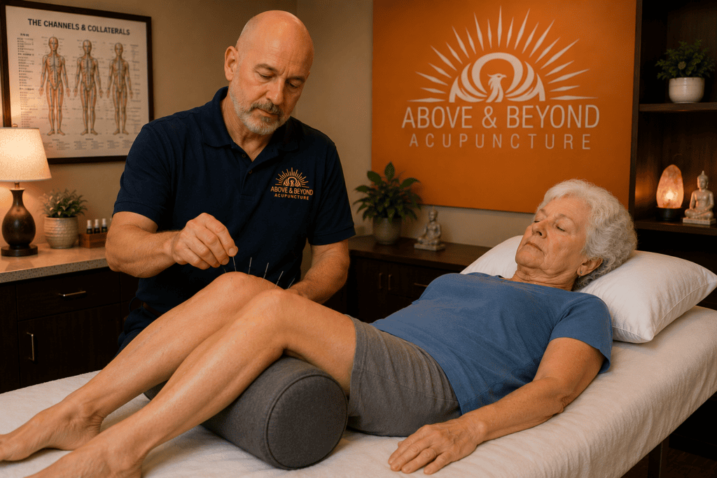 Licensed acupuncturist gently placing fine acupuncture needles around a patient's arthritic joint during a treatment session.