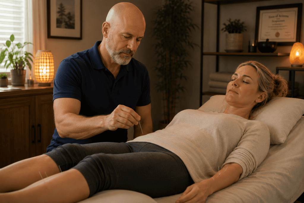 Licensed acupuncturist gently placing fine acupuncture needles on a patient reclining on a treatment table during a stress-focused treatment session.