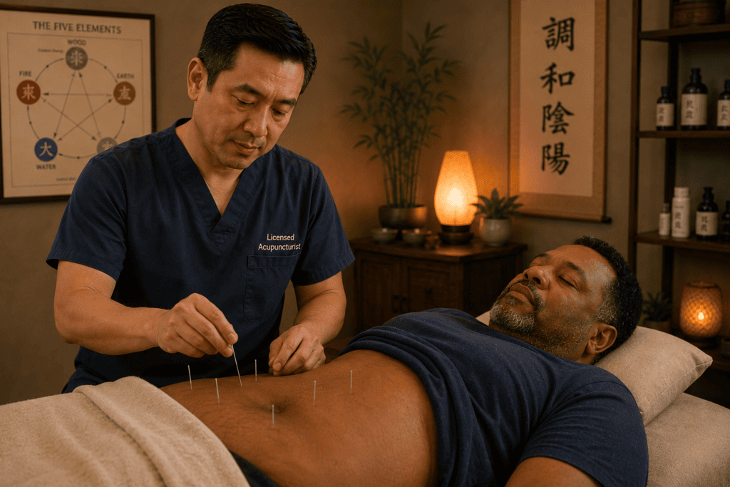 Licensed acupuncturist gently placing fine acupuncture needles on a patient during a treatment session focused on diabetes support.
