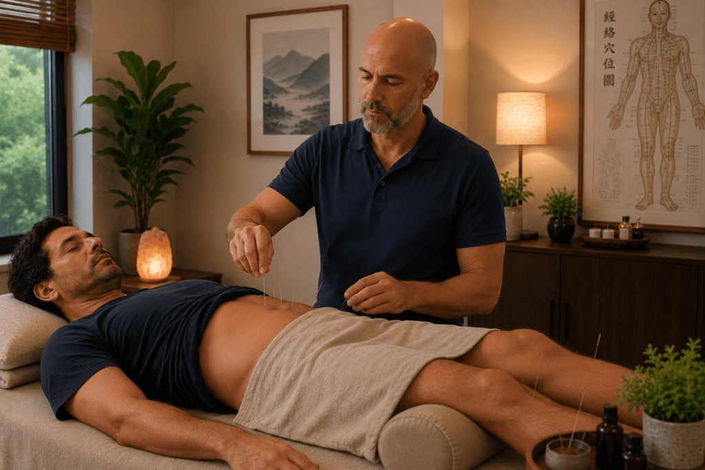Licensed acupuncturist gently placing fine acupuncture needles on a patient's abdomen and legs during a treatment session for digestive support and hemorrhoid relief.