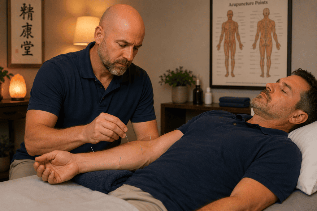 Licensed acupuncturist gently placing fine acupuncture needles around a patient's elbow during a treatment session focused on golfer's elbow.