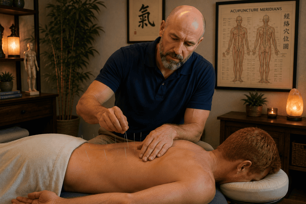 Licensed acupuncturist gently placing fine acupuncture needles along a patient's back during a treatment session for a herniated disc.