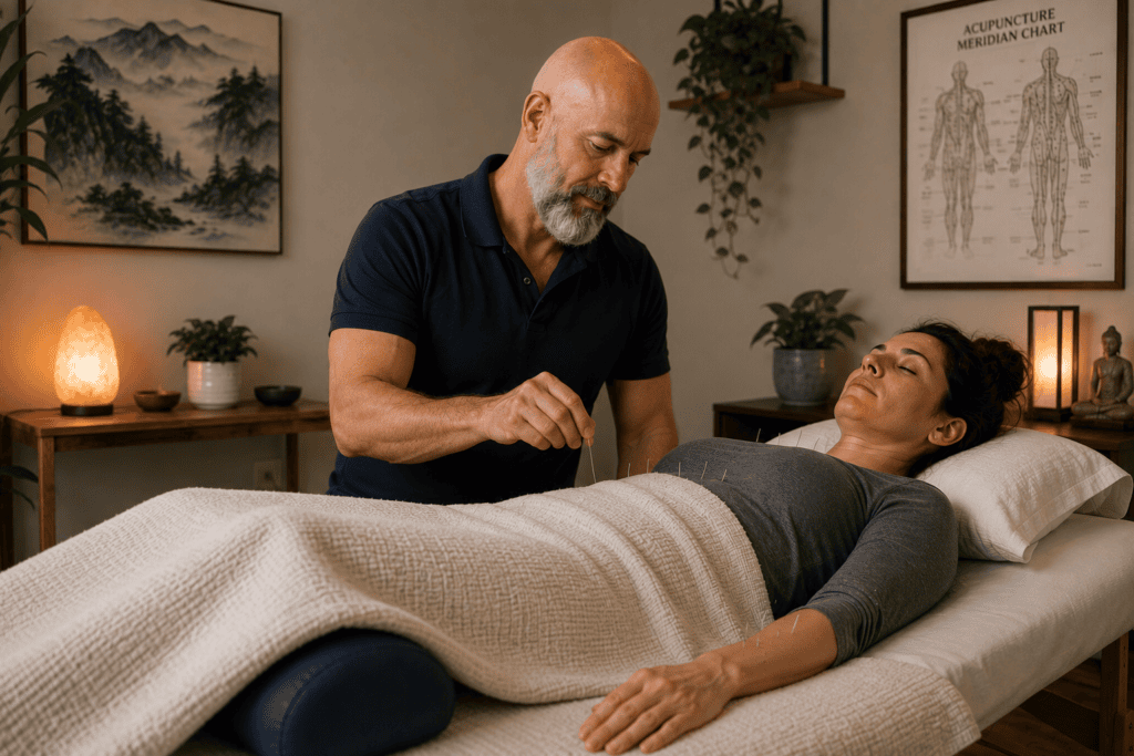 Licensed acupuncturist gently placing fine acupuncture needles on a patient reclining on a treatment table during an immune support session.