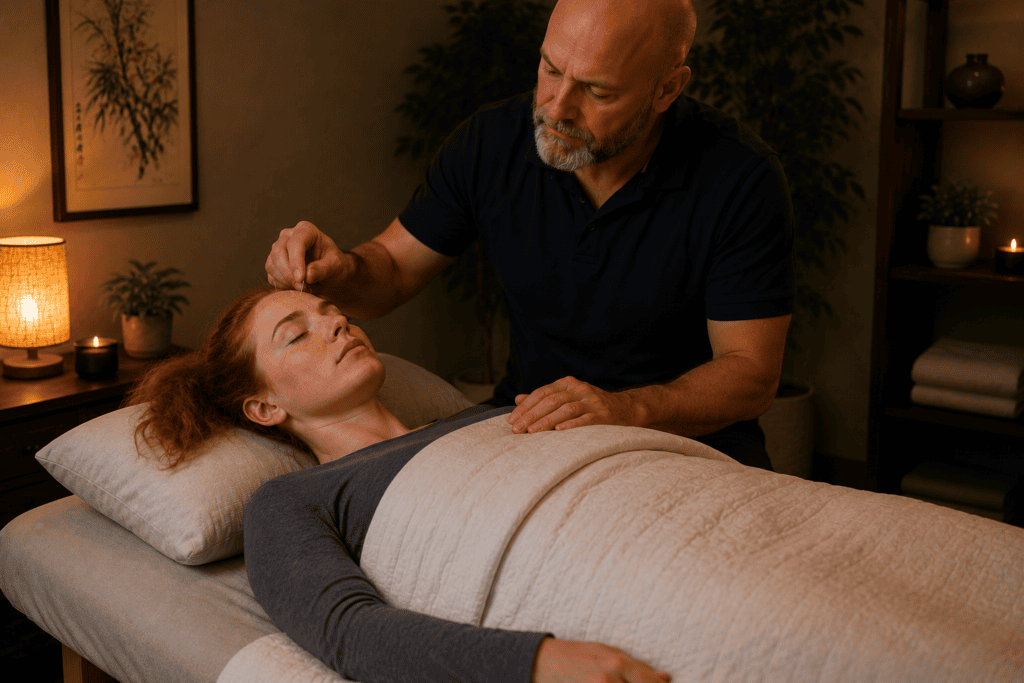 Licensed acupuncturist gently placing fine acupuncture needles on a patient during a treatment session focused on insomnia and sleep support.