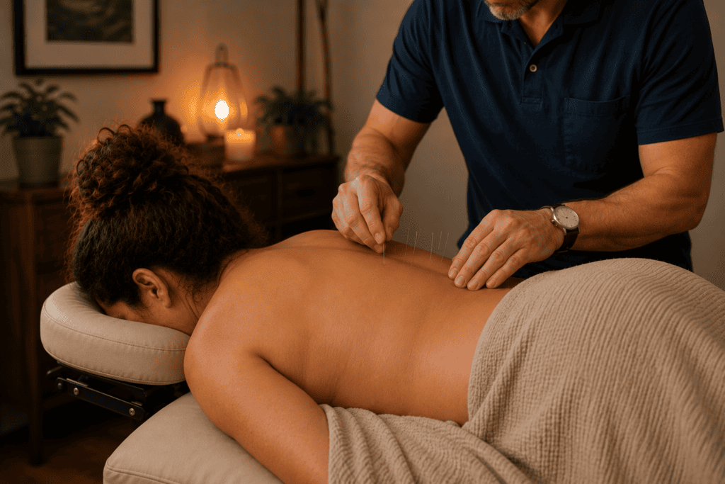 Close-up of a licensed acupuncturist's hands gently placing fine acupuncture needles on a patient's low back and sacral region during a treatment session.