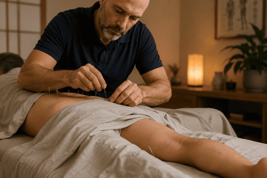 Licensed acupuncturist gently placing fine acupuncture needles on a patient's lower back, buttock, and leg during a treatment session focused on sciatica.