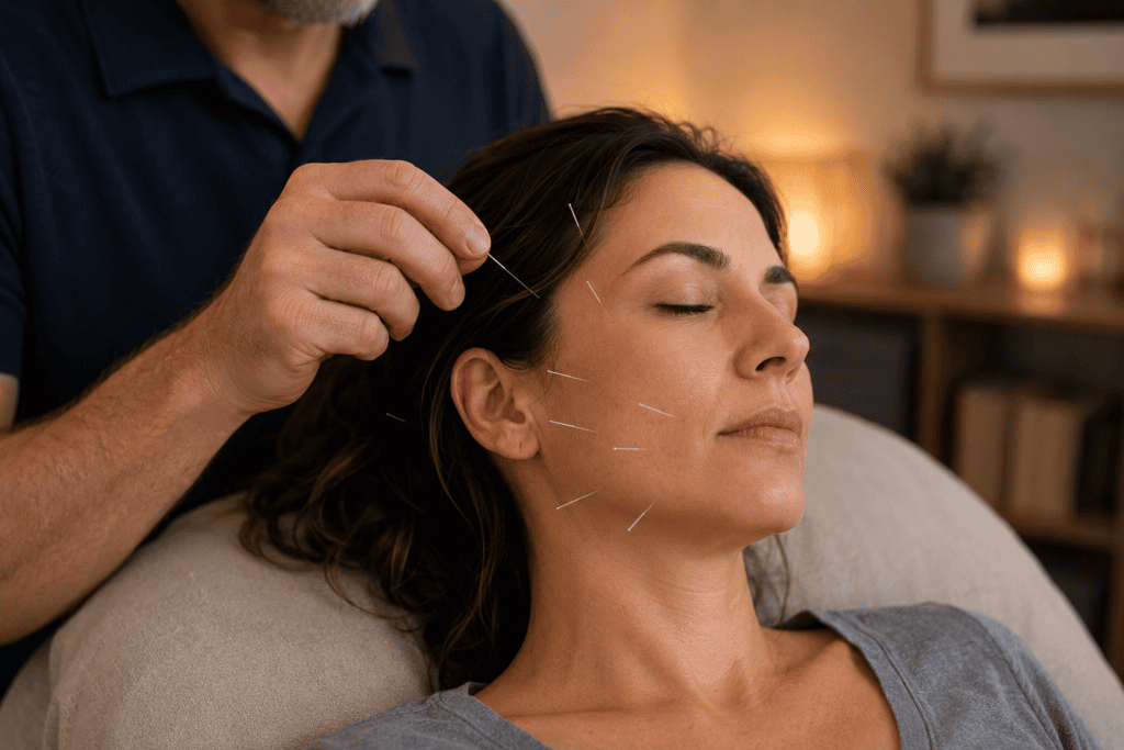 Close-up of an acupuncturist's hands gently placing fine acupuncture needles around a patient's jaw and temple during a treatment session for TMD.
