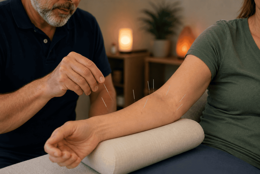 Close-up of an acupuncturist's hands gently placing fine acupuncture needles around a patient's elbow and forearm during a treatment session for tennis elbow.