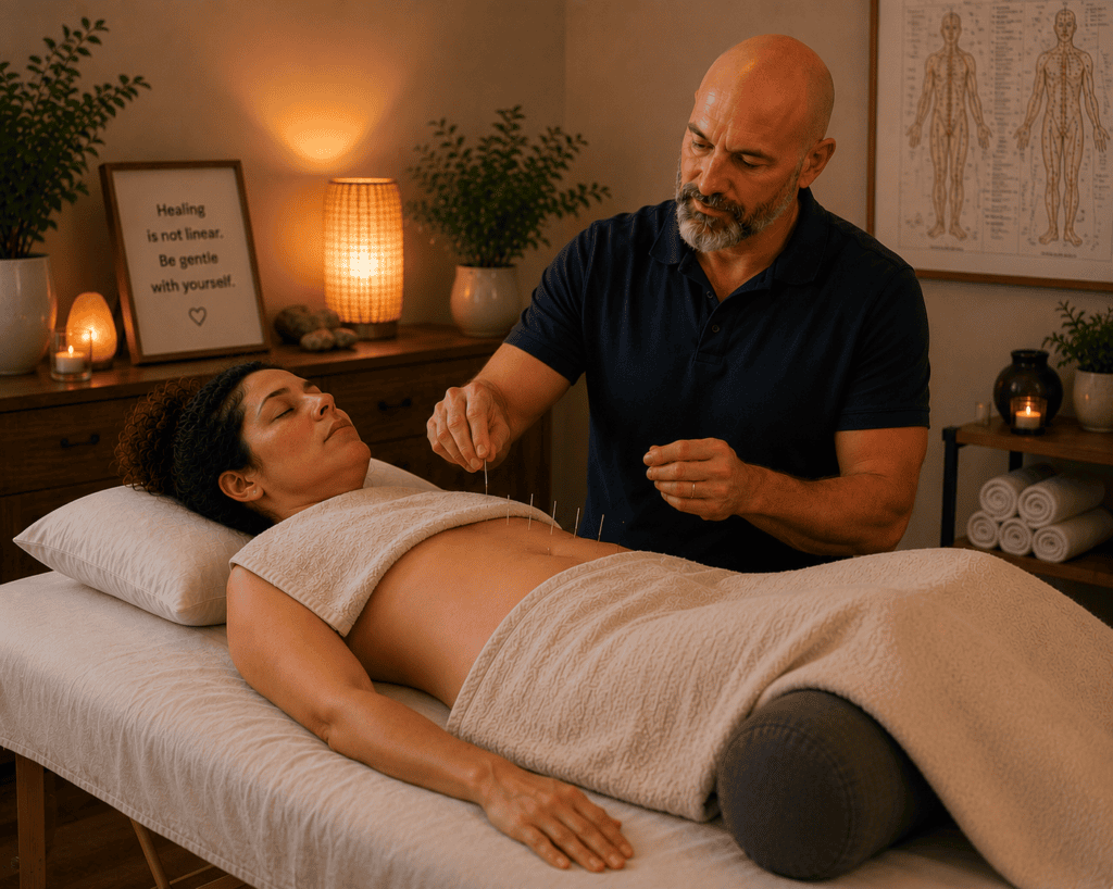 Licensed acupuncturist gently placing fine acupuncture needles on a woman during a treatment session focused on physical and emotional recovery after pregnancy loss.