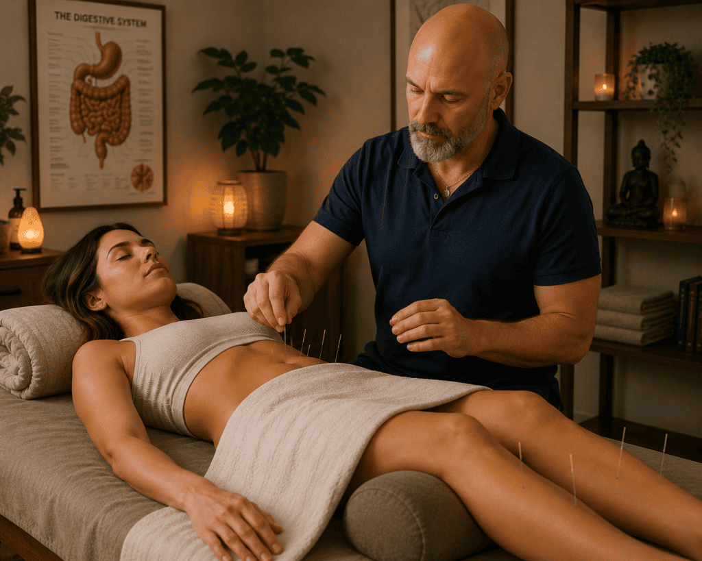Licensed acupuncturist gently placing fine acupuncture needles on a patient's abdomen and lower legs during a treatment session for IBS.