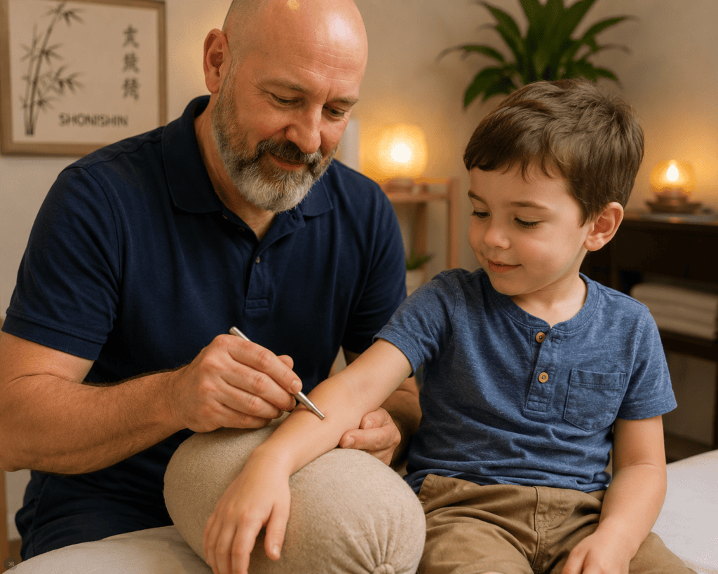 Licensed acupuncturist demonstrating a shonishin non-insertion tool on a young child's arm while the child looks curious and comfortable.