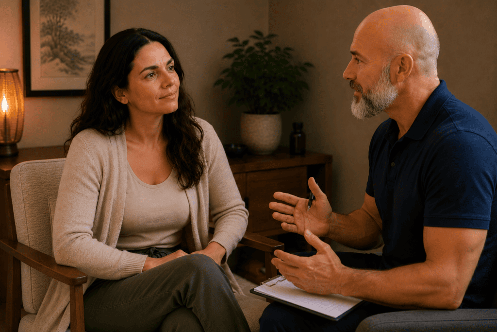 Licensed acupuncturist and patient in a warm consultation setting, engaged in conversation about the patient's treatment progress.