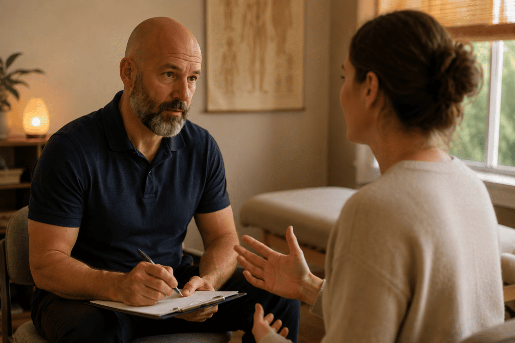 Licensed acupuncturist listening attentively and taking notes while a patient describes their symptoms during an intake consultation.