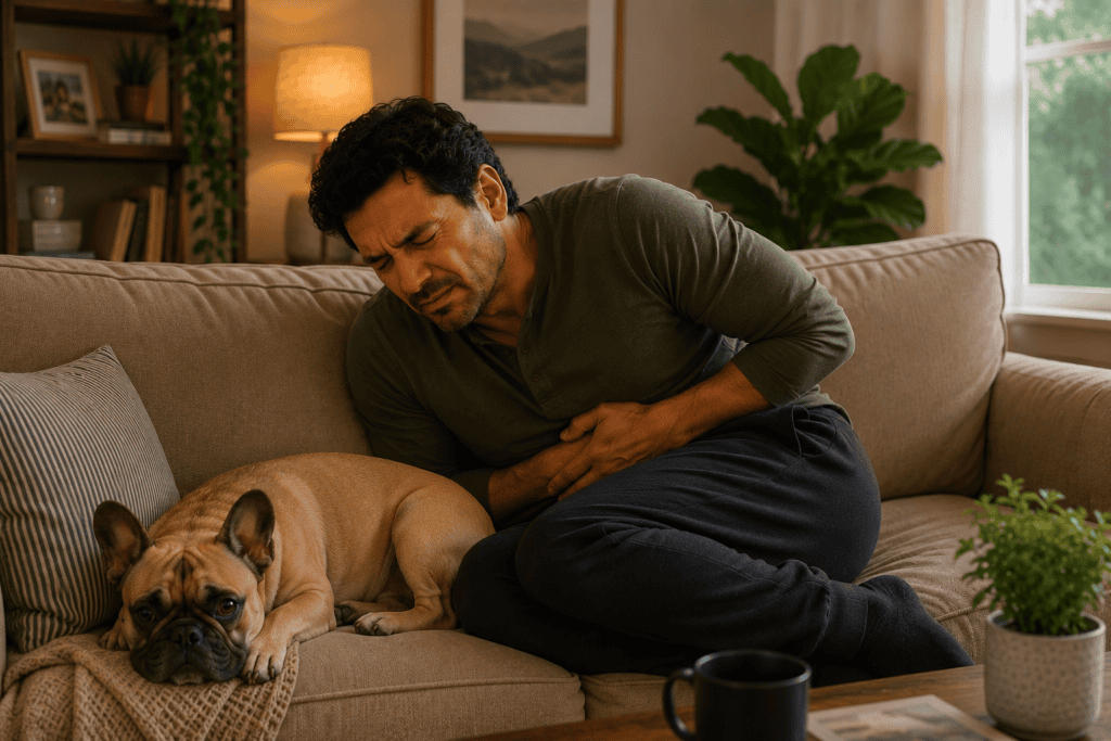 Man curled up on a couch holding his lower abdomen in discomfort while a French bulldog rests beside him, illustrating the pain and digestive symptoms that often accompany hemorrhoids.