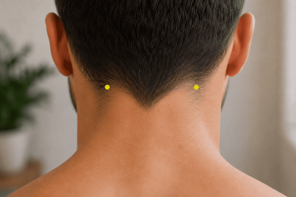 Back of a person's head with a yellow dot marker about two finger-widths lateral to the midline at the level of the external occipital protuberance, indicating the location of BL9.