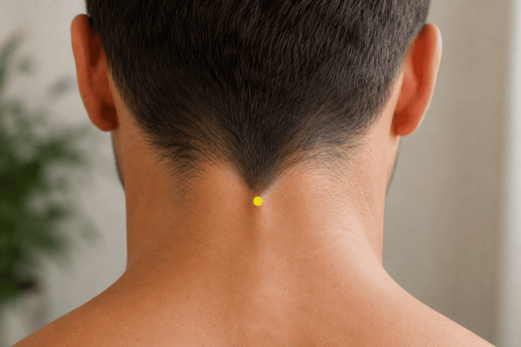 Back of a person's head with a yellow dot marker on the midline at the base of the skull, indicating the location of GV17.