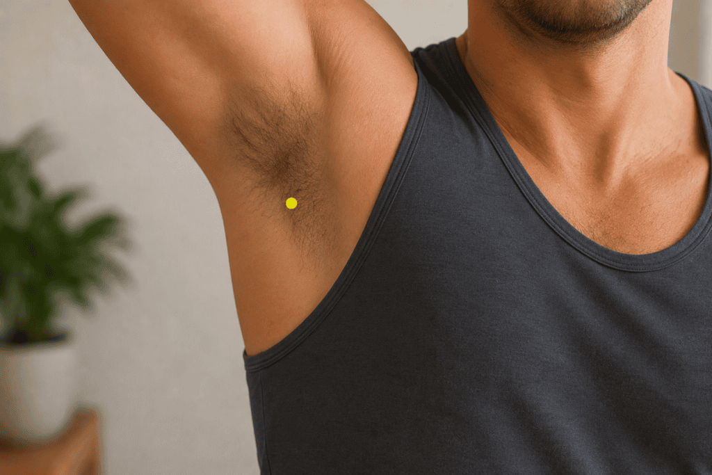 Person with arm raised wearing a fitted sleeveless top, with a yellow dot marker at the center of the armpit, indicating the location of HT1.