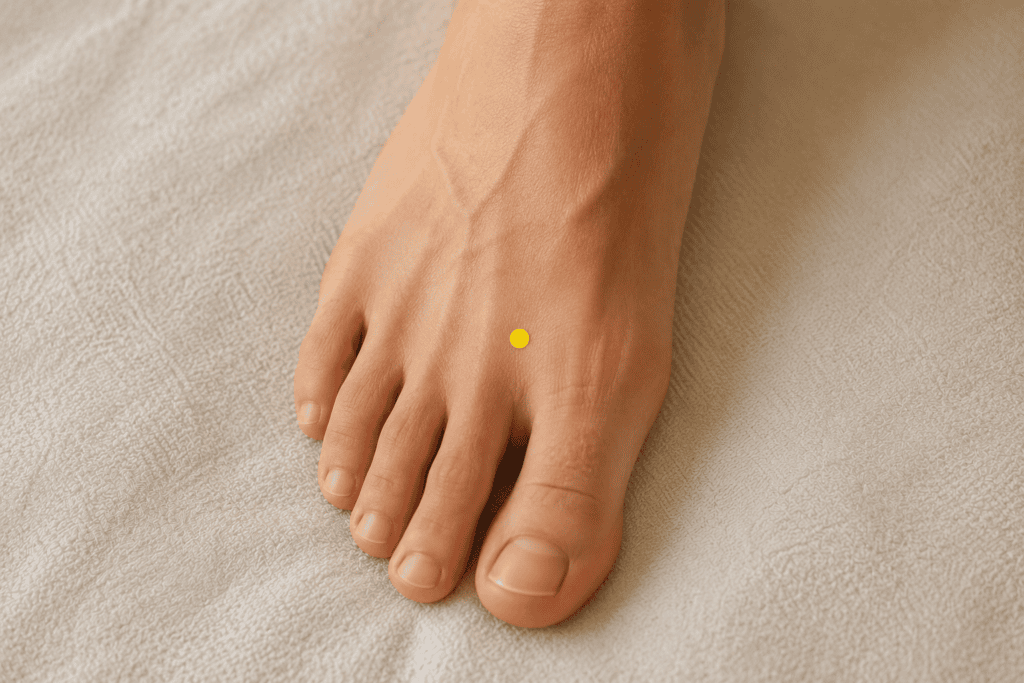 Close-up of a bare foot with a yellow dot marker on the top of the foot in the depression between the first and second toes, indicating the location of LR3.