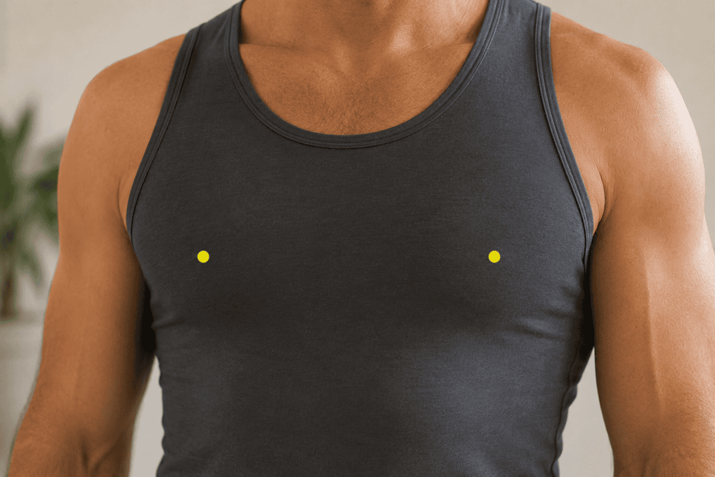 Upper chest area of a person wearing a fitted athletic top with a yellow dot marker at the location of ST17 in the center of the nipple area.