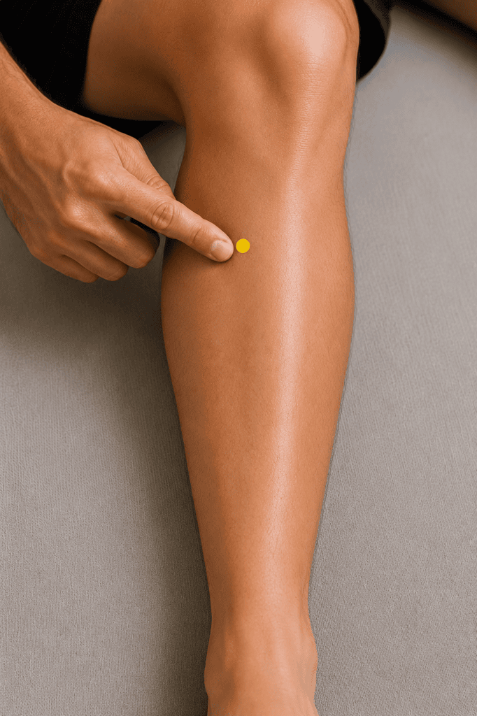 Close-up of a leg with a yellow dot marker about four finger-widths below the kneecap on the outside of the shin bone, indicating the location of ST36.