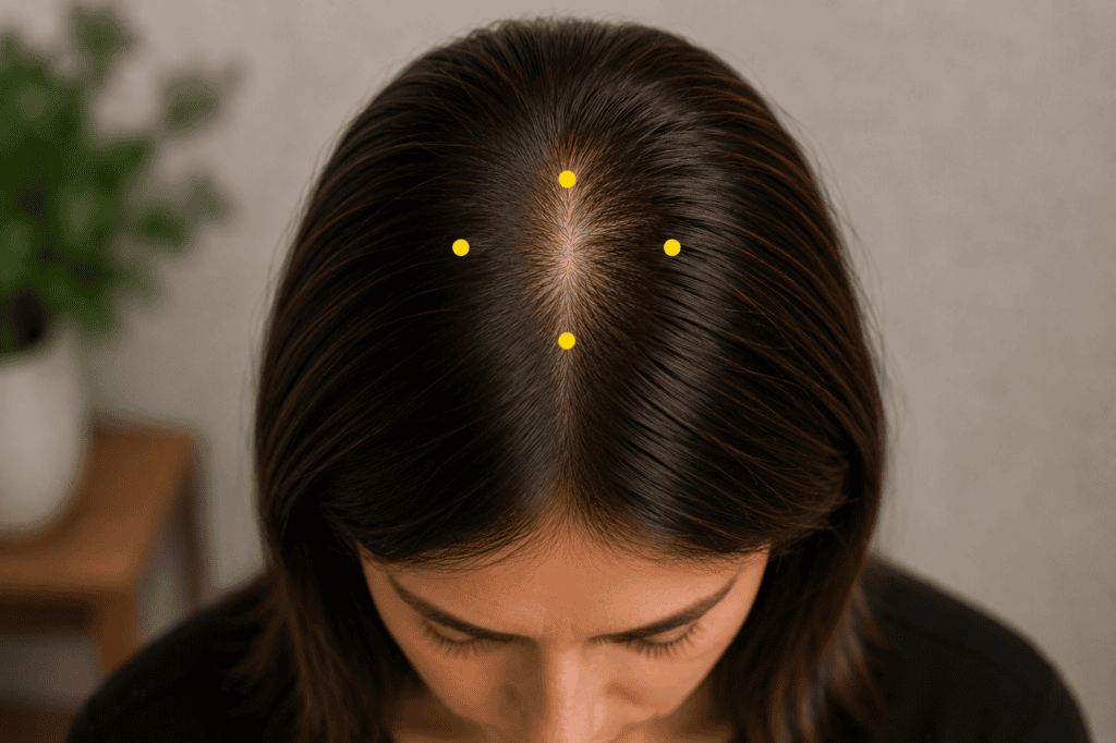 Top of a person's head with four yellow dot markers around the crown, indicating the location of Sishencong.