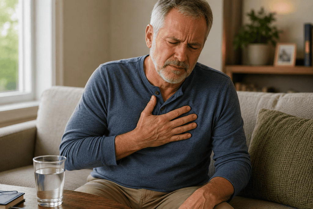 Man sitting on a couch with one hand pressed to the upper chest area, quietly managing the burning sensation of acid reflux.