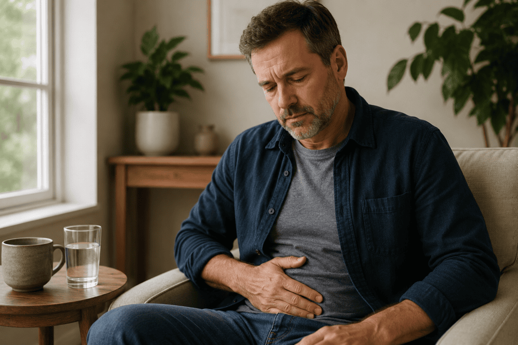 Man sitting on a couch with a hand resting gently on his lower abdomen, slightly weary from dealing with digestive discomfort, a cup of herbal tea on a nearby table.