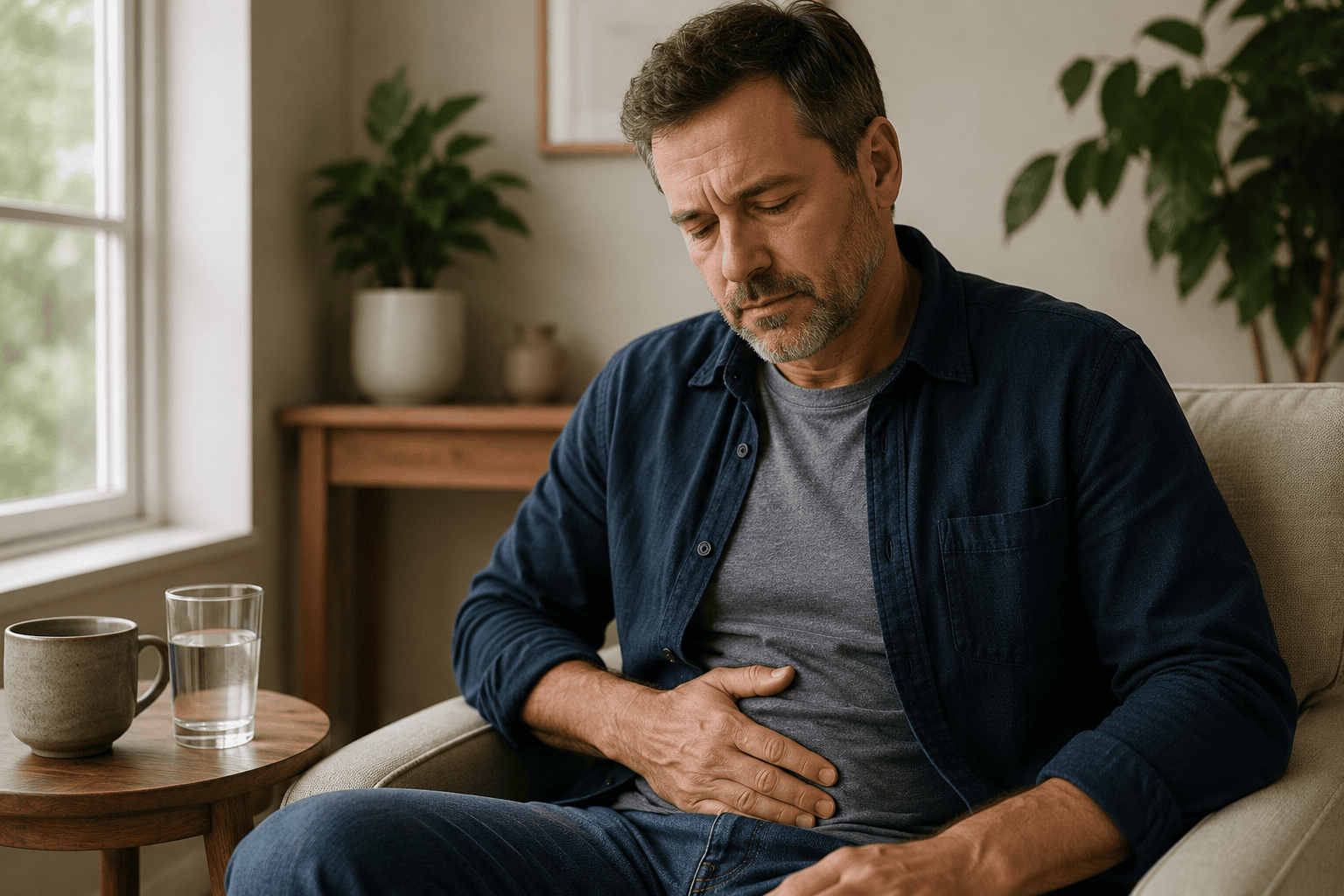 Man sitting on a couch with a hand resting gently on his lower abdomen, slightly weary from dealing with digestive discomfort, a cup of herbal tea on a nearby table.