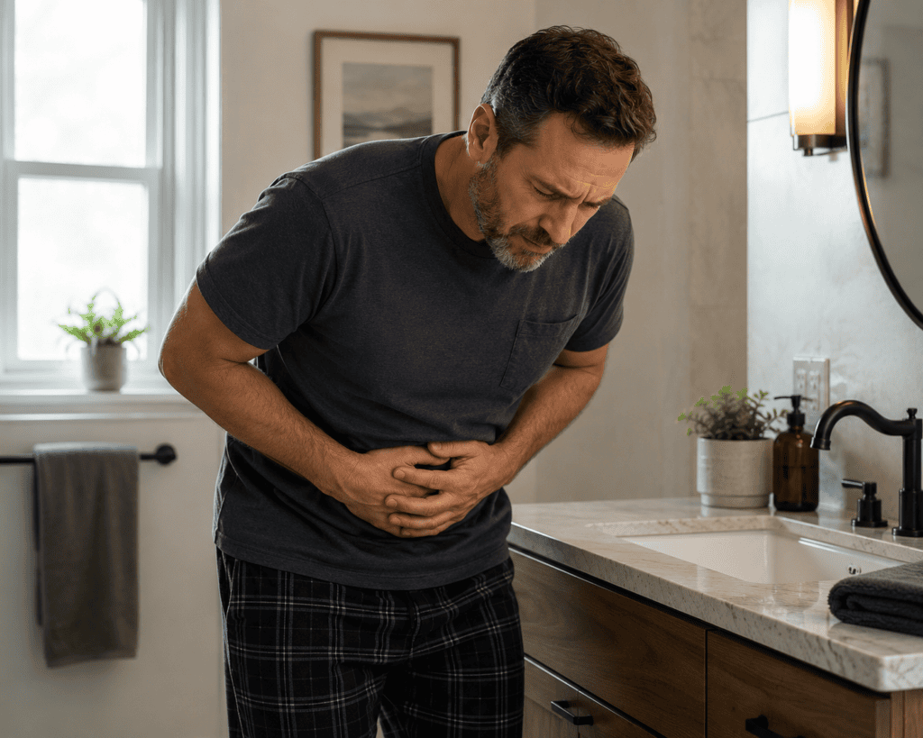 Man in his 40s standing in a bathroom, hunched over the sink with both hands pressed against his lower abdomen, illustrating the discomfort associated with hemorrhoids and digestive dysfunction.