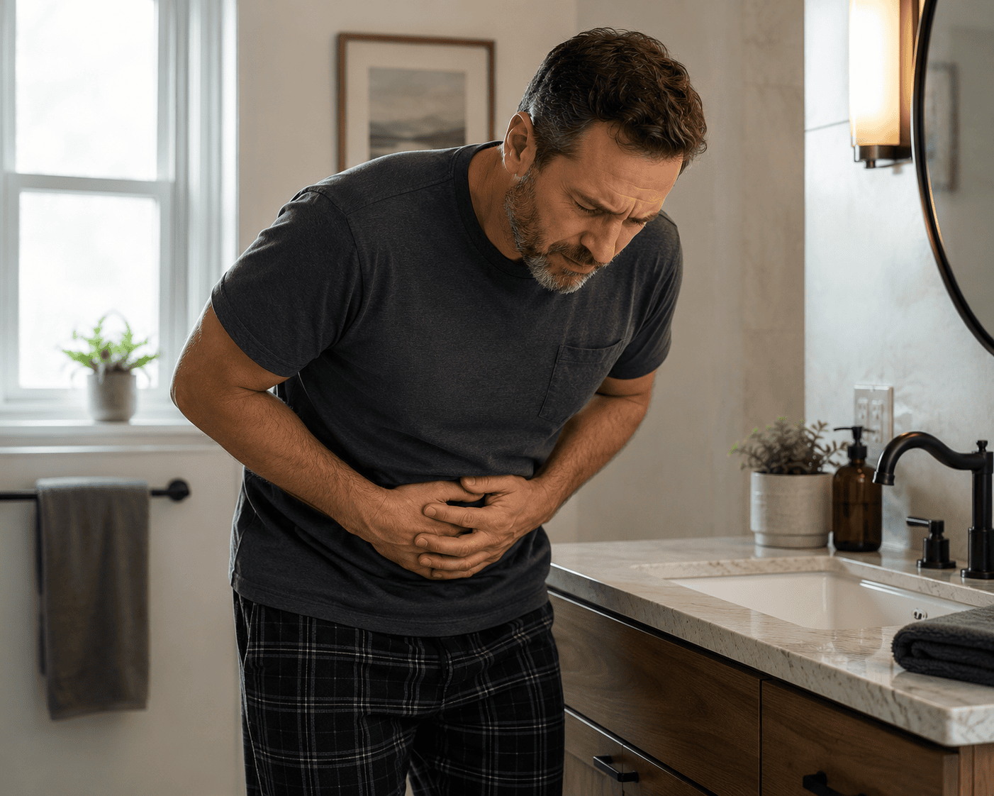 Man in his 40s standing in a bathroom, hunched over the sink with both hands pressed against his lower abdomen, illustrating the discomfort associated with hemorrhoids and digestive dysfunction.