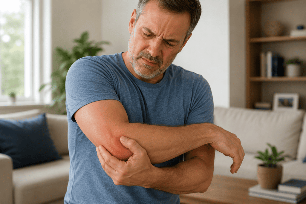 Man with one hand pressed to the outer side of the opposite elbow, expression communicating the familiar sharp discomfort of tennis elbow pain.
