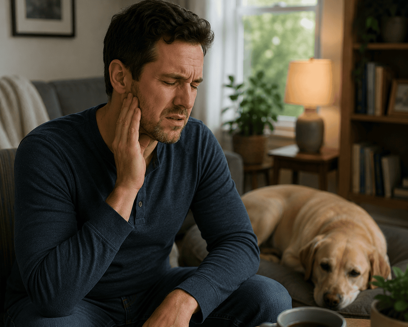 Person sitting at home with one hand pressed to the jaw just in front of the ear, quietly managing the everyday discomfort of TMJ pain.
